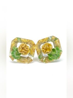 Vintage 50’s 60’s Style Reverse Carved Yellow Floral Flower Lucite Earrings